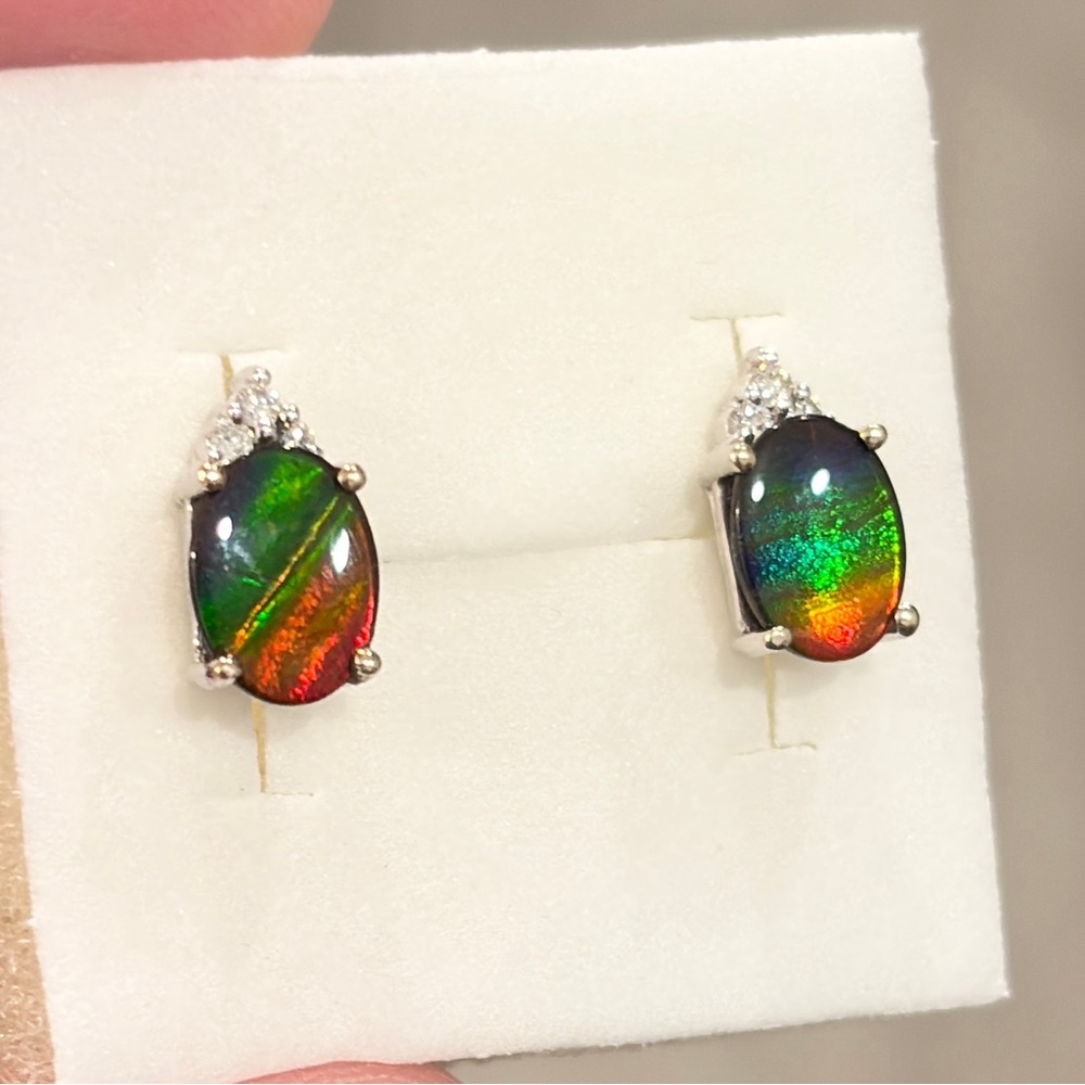 14K Ammolite Earrings Diamond Accent White Gold Rainbow AAA Oval Solitaire Studs - Picture 9 of 15